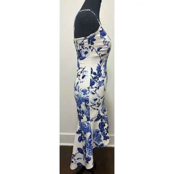 Jump Apparel Blue White Floral Midi Dress Women’s XS Spaghetti Strap Mermaid Hem - Picture 3 of 6